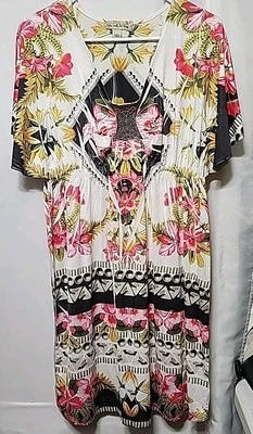 Live and Let Live Dress Pink Multicolor Boho Print Short Bell SleevEmbellished M - Image 1 of 4