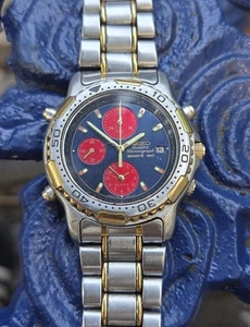 Seiko Chronograph blau rotes Zifferblatt Sports 150 7T32-6B89 Japan Quarz SS Uhr 1991  - Bild 1 von 23
