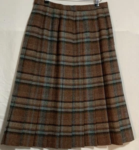 Vintage pure new wool pleated brown check knee length skirt size 12-14 - Picture 1 of 4