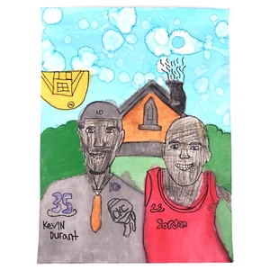 Kevin Durant Michael Jordan Painting c2005 Original Naive Basketball Fan Art - Picture 1 of 2