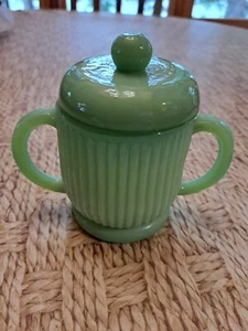 Vintage Jadeit Zuckerdose Glas gerippt wunderschön - Bild 1 von 7