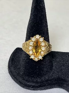 Vintage 1940’s 15K Yellow Gold Citrine And Seed Pearl Ring Size 8 - Picture 1 of 9