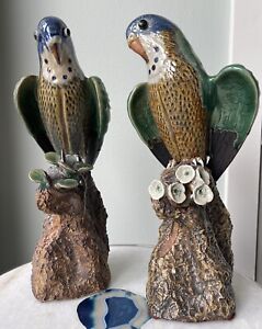 Vintage Signed Pair Large Majolica Pottery Sculptures of Birds Parrots Parakeets