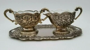 Vintage Cream & Sugar with Tray Metal Rose Design White Enamel Inlay embossed  - Picture 1 of 9