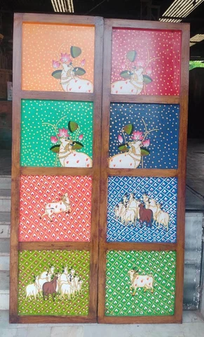 Handcrafted wooden door frame painted kamdhenu cow frames without accessories Cover