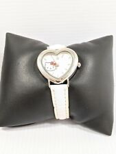 Hello kitty San Rio Silver Tone Heart White Face Whit Faux Leather Band Watch 