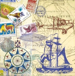 N282# 3x tovaglioli di carta singoli decoupage vintage aereo nave veicoli mappe collage - Foto 1 di 3