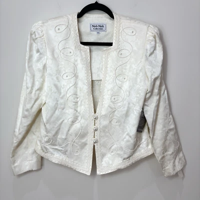 Vintage 80s Nah Nah Collections Ivory Brocade Jacket 12 Lace Pearl NWT Wedding - Image 1 of 4