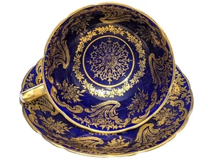 Paragon Tea Cup Saucer Cobalt Blue Gold Gilt Floral Bone China Vtg England - Picture 1 of 24