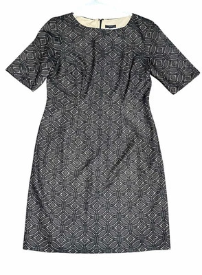 R&K Sheath Dress 10 Black Mesh Beige Geometric Stretch Short Sleeve Round Neck - Image 1 of 4