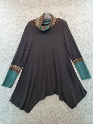GIBIU USA Black Boho Tunic Top L Cowl Neck Asymmetrical Hem Southwestern Trim - Image 1 of 4