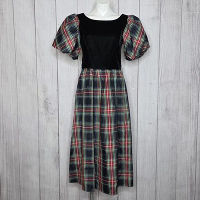 VTG 80s Lanz Originals Velvet & Tartan Christmas Dress Puff Sleeves, sz Small - Image 1 of 4