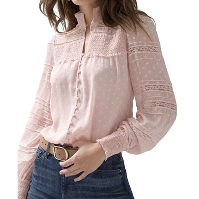 Блузка White House Black Market розовая швейцарская в горошек кружевная отделка со сборками вырез средний размер - Изображение 1 из 4