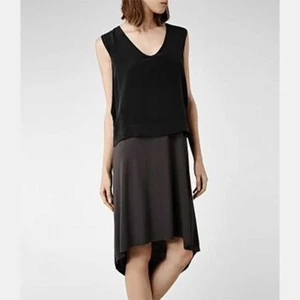 Allsaints Tella layer midi dress gray modal jersey black silk asymmetrical US 6 - Picture 1 of 9