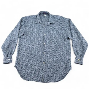 Vintage Guess Jeans Mens Small Polyester Long Sleeve Button Up Blue Sheer Print - Picture 1 of 9