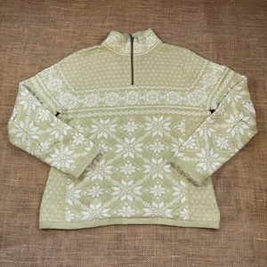 LL Bean Woman's Cotton/Wool Green Fair Isle Snowflake 1/4 Zip Sweater Size M - Picture 1 of 4