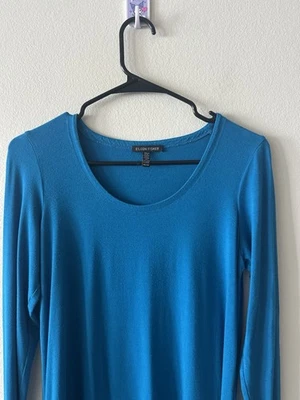 Top túnica EILEEN FISHER mujer elástico jersey cuello redondo capa azul larga talla S Foto 1 de 4