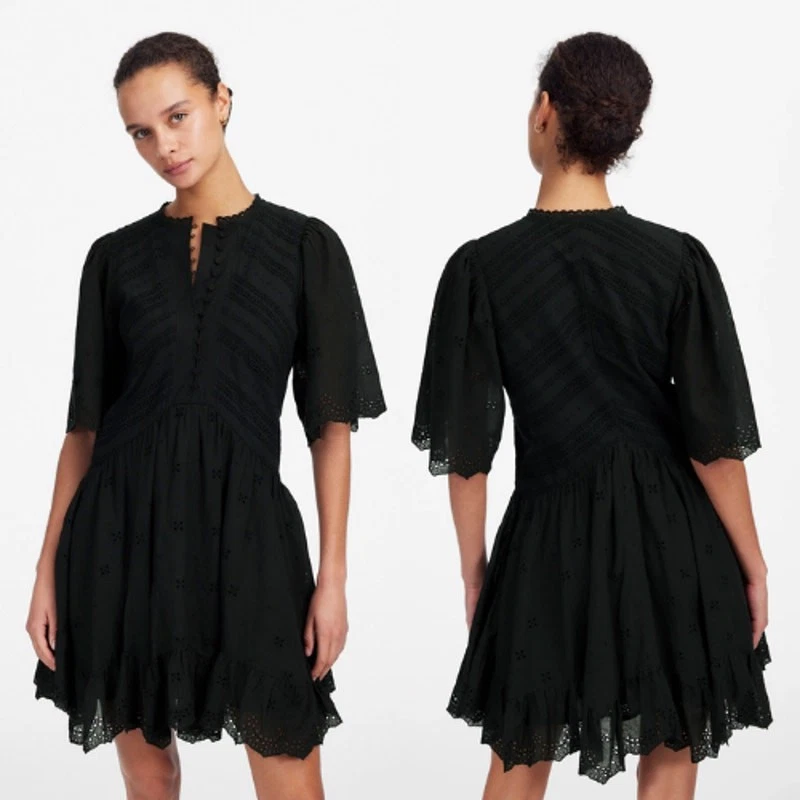 Madewell Cotton Eyelet Flutter Sleeve Mini Dress NU556 Black Size 12 /FLAWED