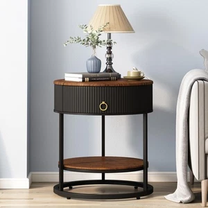 Round End Table with Drawer, Modern Wood Grain Side Table with Shelf, 2-Tier ... - Picture 1 of 9