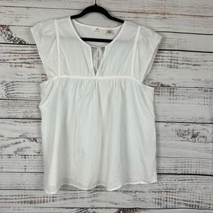 Womens Levis White Cap Sleeve Boho V Neck Flowy Casual Top Cotton Peasant Sz L - Picture 1 of 6