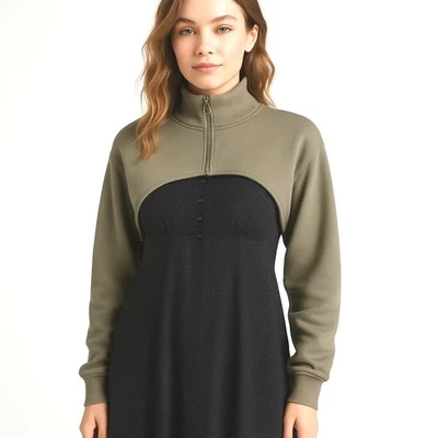 Top Bolero Zara Recortado Verde Oliva Media Cremallera Cuello Simulado Manga Larga Encogerse de hombros 68-47 Foto 1 de 4