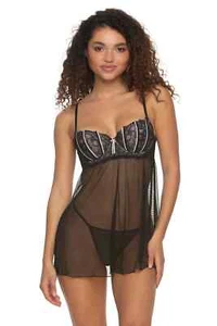 Lingerie Lace and Mesh Babydoll with G-String Black Size L Jezebel by Felina - Picture 1 of 5