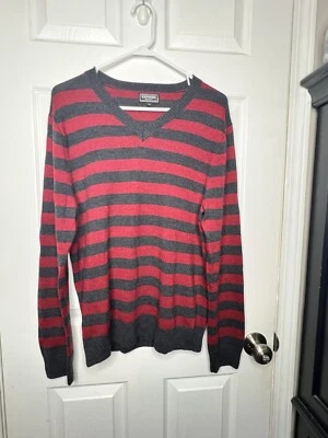 Vtg Express Men’s Medium Modern Fit Gray Red Stripe Knit Wool V-Neck Sweater M - Image 1 of 4