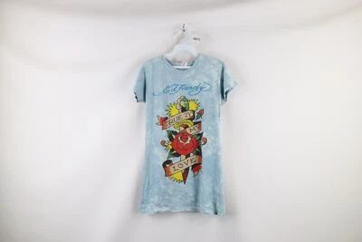 Винтажная женская футболка Ed Hardy Christian Audigier средняя кислотная стирка тату роза США - Изображение 1 из 4