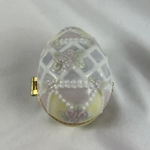 Porcelain Egg Trinket Box Pastel Lattice Panels Roses 1.5x2.5” - Picture 1 of 6