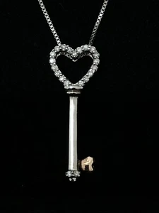Diamond Heart Shaped Silver Skeleton Key Necklace with 14K Rose Gold (Brand New) - Picture 1 of 12