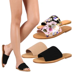 New Womens Wide Band Open Toe Slide Flat Sandal Shoes Flip Flops Slipper Slip On - Picture 1 of 14