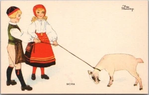 Swedish MINI (2.75x4.25") Postcard "MORA" Boy & Girl w/ Goat - Artist STROMBERG - Imagen 1 de 2