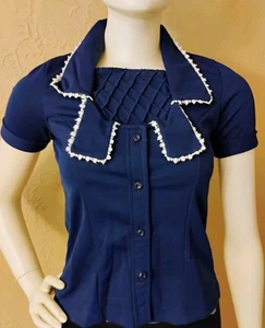 RARE VTG 60's "Jogina Seasonal Wear" Blue Polyester S/S Top M - Picture 1 of 13