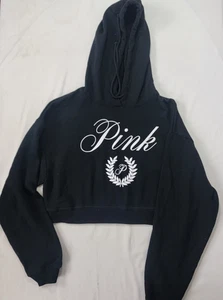 Victoria's Secret Women's Half Hooded Sweatshirt Hoodie Hood BLACK White Size XS - Picture 1 of 7