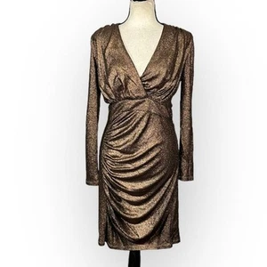 Donna Morgan V-Neck Ruched Side Mini Dress Women's 6 Black Bronze Long Sleeve - Picture 1 of 7