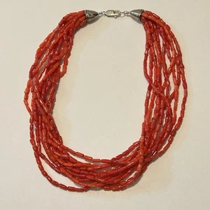 Red Coral 10 Strand Southwestern Navajo Sterling Silver Necklace Multistrand 18" - Picture 1 of 5