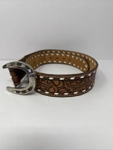 Nocona Western Mens Belt Tooled Leather Belt Brown With Horse Shoe Buckle. Sz 32 - Picture 1 of 7
