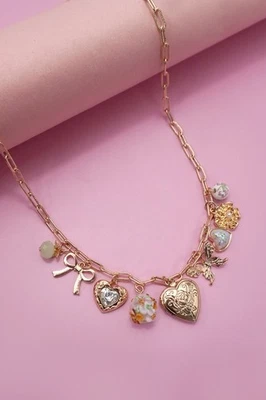 Gold Plated Charm Necklace - Heart Locket, Bow, Butterfly, Flower, Rhinestone - Image 1 of 4