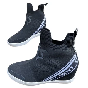 DKNY Women's Wedge Knit Sneaker Black Slip-On Platform Shoes Size 9.5 - Picture 1 of 9