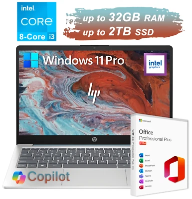 2025 HP Laptop Computer 14" 8-Core Intel i3 Up to 32GB RAM & 2TB SSD Pro Office - Image 1 of 4