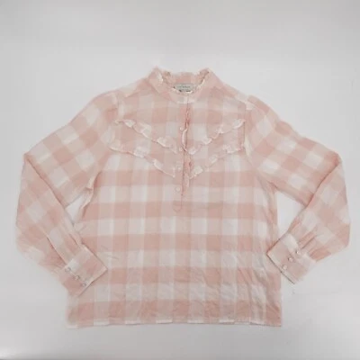 Lucky Brand Shirt Womens Medium Pink White Plaid Ruffle Mock Neck - Image 1 of 4