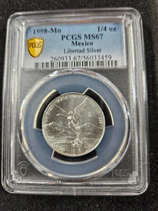🌟 1998 DATA CHIAVE Messico argento Libertad 1/4 oz PCGS MS67! Alta qualità RARO! - Foto 1 di 2