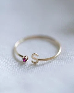 Simulated Round Cut Ruby With Customized Initial Ring In Solid 10K Yellow Gold - Picture 1 of 4
