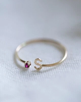 Simulated Round Cut Ruby With Customized Initial Ring In Solid 10K Yellow Gold - Image 1 of 4