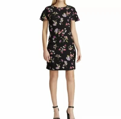 American Living Black Pink Floral Sheath Mickie Crepe Short Sleeve Dress Size 6 - Image 1 of 4