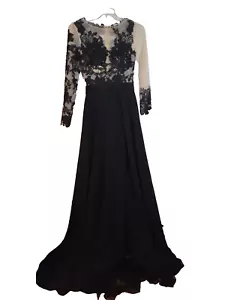 Vestido de Noche Hebos Formal Maxi Manga Larga Con Largo Negro Tren Talla S - Imagen 1 de 13