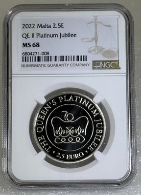 2022 2.5 Euro Platinum Jubilee NGC MS68 Queen Elizabeth II Coronation Crown Coin - Image 1 of 3