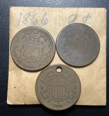 3x Two Cent Pieces 2c 1865 1869 US Type Coin - Image 1 of 3