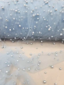 Sky Blue Lace with Pearls On Tulle Fabric By Yard For Dress Prom Bridal Veil - Picture 1 of 10
