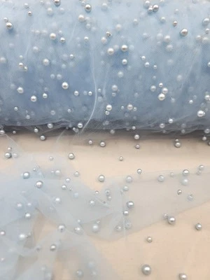 Sky Blue Lace with Pearls On Tulle Fabric By Yard For Dress Prom Bridal Veil - Image 1 of 4